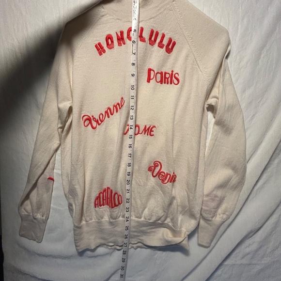 VICTORIAVICTORIA BECKHAM 100% wool cream red city embroidered turtleneck sweater - Picture 11 of 13